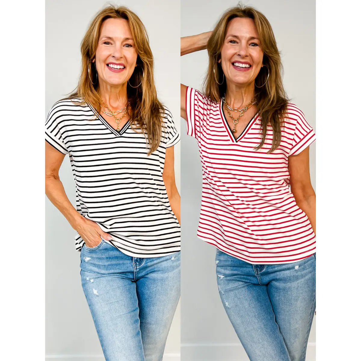 V-Neck Varsity Taped Stripe Top