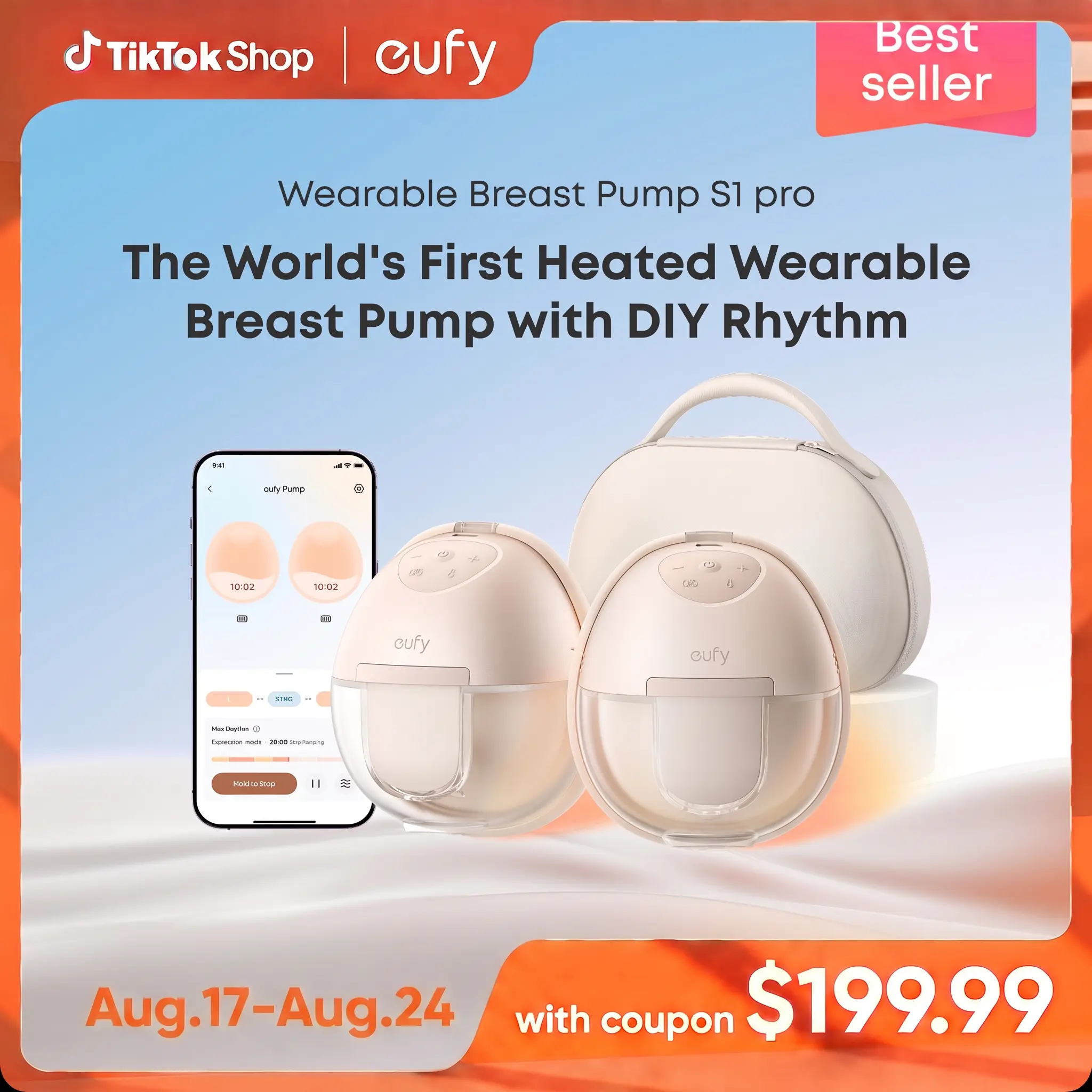 【Exclusive Bundle】eufy S1 & S1 Pro Heated Wearable Breast Pump, Hands-Free Breast Pump with Industry-Leading HeatFlow Tech, App-Controlled OptiRhythm, Hospital-Grade Suction, Leakproof, Slim and Ultra-Quiet for in-Bra Usec#super brand day