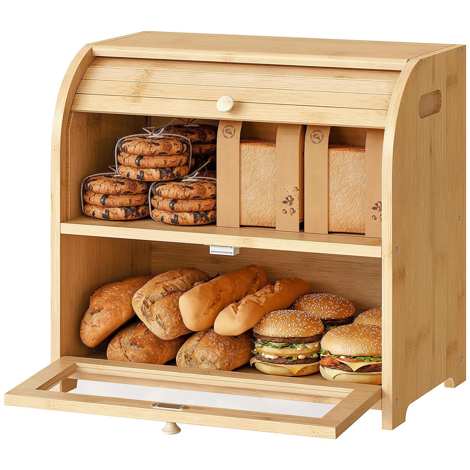 HOOBRO Natural Bamboo Bread Box for Kitchen Countertop, 2 Tier Roll-Top Bread Bin, Food Storage Box, Storage Cabinet, for Kitchen, Dining Room
