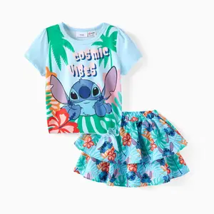 Disney Stitch Girls 2-Piece Outfit - Tropical Print T-Shirt & Layered Skirt Set, Cosmic Vibes Lilo & Stitch Character Apparel for Toddlers & Little Girls, Summer Casual Set