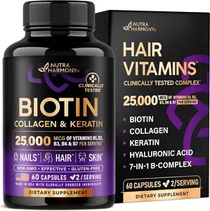 Advanced NUTRAHARMONY Biotin | Collagen | Hyaluronic Acid | Keratin – Support Normal Hair Growth Cycle – Skin & Nails – 25000mcg Vitamins B1, B2, B3, B6 & B7 – for Women & Men – Made in USA | 60 Capsules