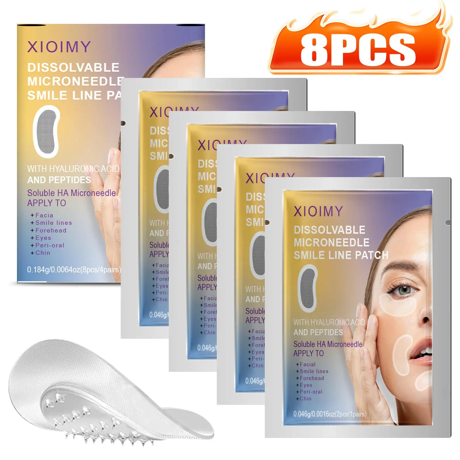 8pcs Hyaluronic Acid & Peptide Dissolvable Micro Needle Face Patches, Hydrating Mask, for Face Forehead Smile Lines Chin Lip Eye, All Skin Types, Face Care Products