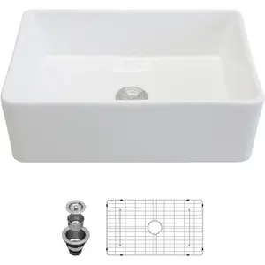 Kichae 30 Inch White Farmhouse Sink 30 x 20 x 9 Inch Fireclay Ceramic Apron Front Single Bowl Kitchen Sink, Flat Deep Rectangular Basin & Rounded Corners, with Basket Strainer & Bottom Grid
