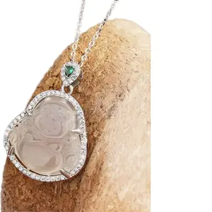 Natural Chalcedony Crystal Maitreya Buddha Protection on .925 Sterling Necklace
