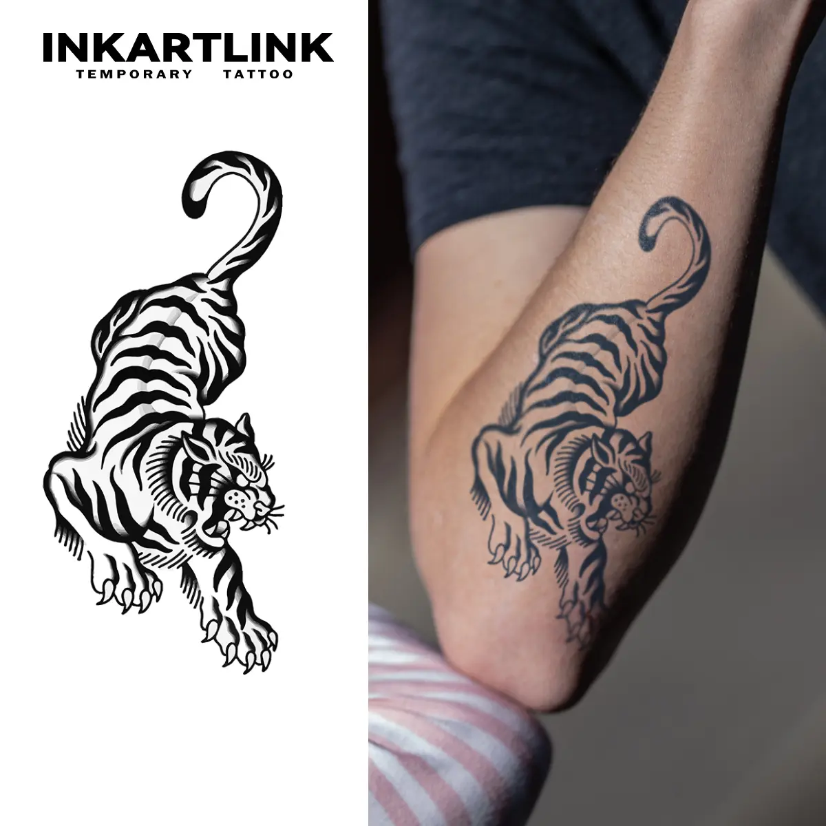 INKARTLINK Tattoo Tech, Tiger Series,2 Sheets Large Semi Permanent Tattoo, Adult Art Design Temporary Tattoos, Lasts 1-2 Weeks, Waterproof, Realistic Look, No Adhesive, No Reflection (Tiger Design)