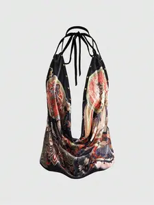 EVO x Spring|Summer Carnival Party Vacation Graphic Black Vintage Neo-Chinese Oriental Buddha Statue Print Sexy Deep V Backless Draped Neck Tank Top