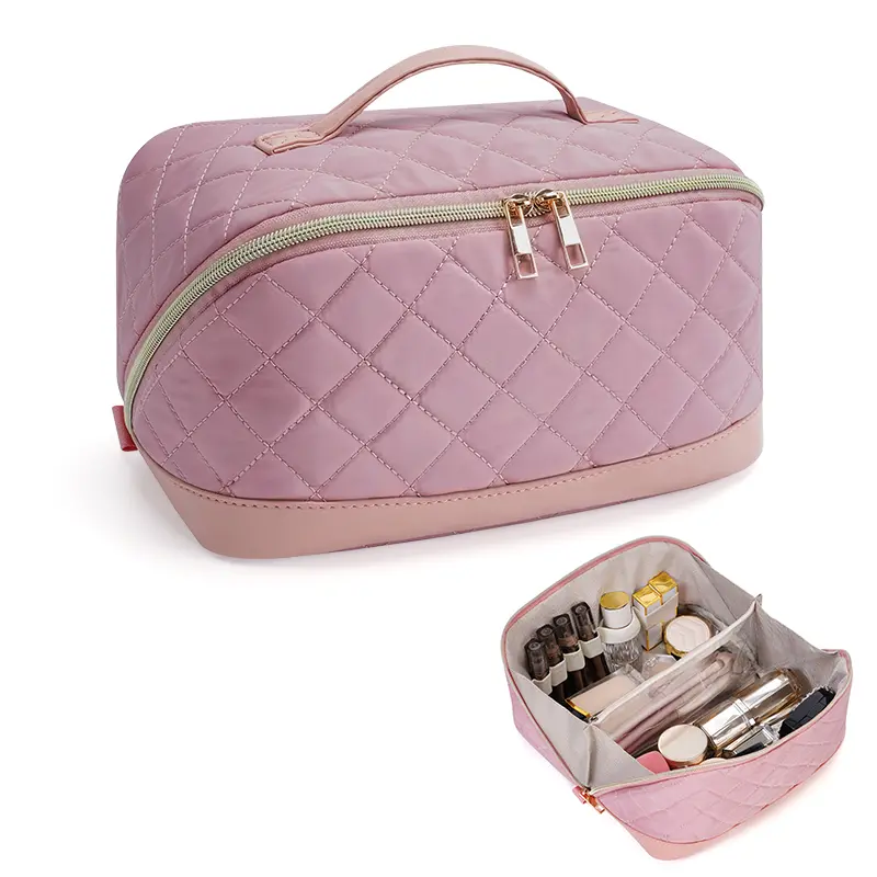 Wandering Nature Travel Makeup Bag,Travel Make up Bag with Large Capacity,Quilted Makeup Organizer Bag, Open Flat Travel Toiletry Bag for Women Cosmetic Bag with Divider and Handle,Patent Pending,back to school,back to school haul