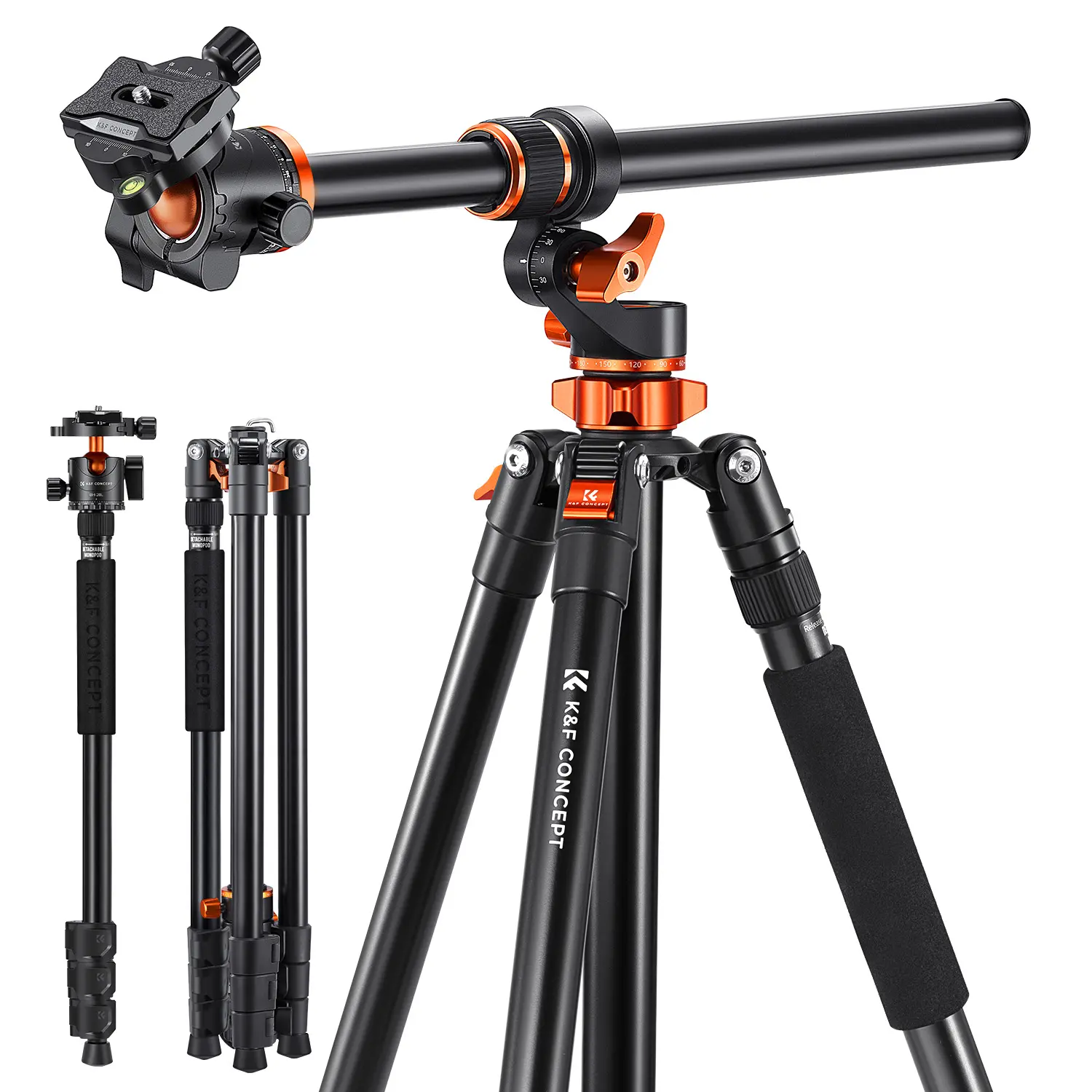 K&F CONCEPT Photograph Tripod, 90in/2.3m Ultra High Adjustable Camera Tripod with Metal Ball Head, 10KG Load, Gimbal Pan, Horizontal Overhead Shooting, Detachable Monopod, Camera Accessories for Indoor/Outdoor Use (T254A7+BH-28L)