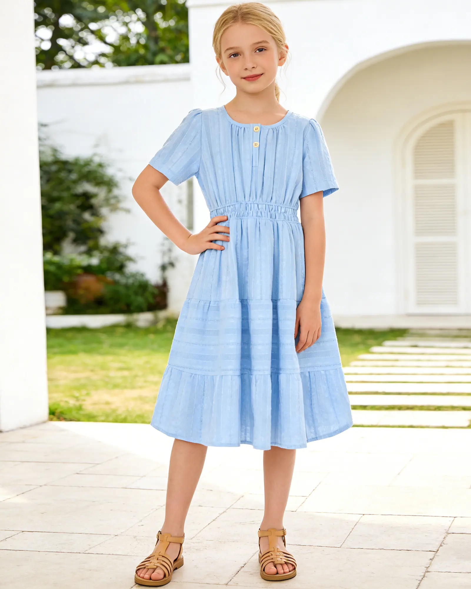 Teen Girls' Summer Boho Sundress - 6-14 Years, Crew Neck, Puff Sleeve, Smocked, Tiered Solid, Elegant Casual Street Dress for Family Photo (with Buttons)