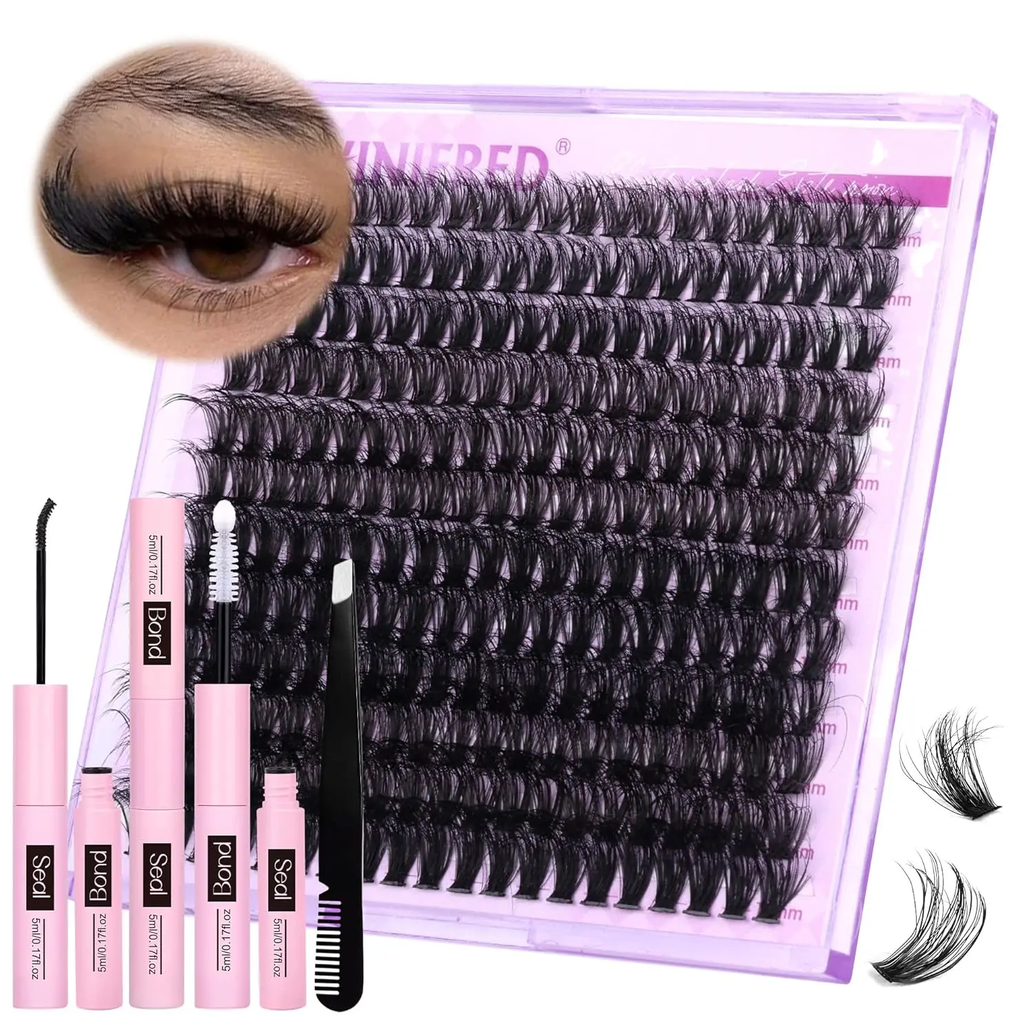 Lashes Extension Kit Fluffy Thick Lash Clusters Kit 100D Volume Wispy Lash Clusters Mink Individual Lashes Kit DIY Lash Bond and Seal Lash Remover Lash Tweezers