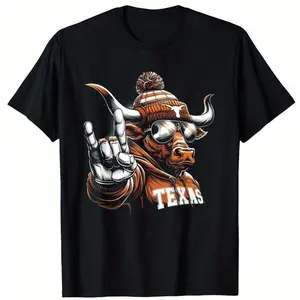 1 piece Men's Texas Longhorn Pattern T-Shirt,Round Neck, Short Sleeve, Regular Fit, Weekend Casual Wear, Spring and Summer Season Casual Wear Suitable for Valentine's Day, New Year, Father's Day, Christmas Casual