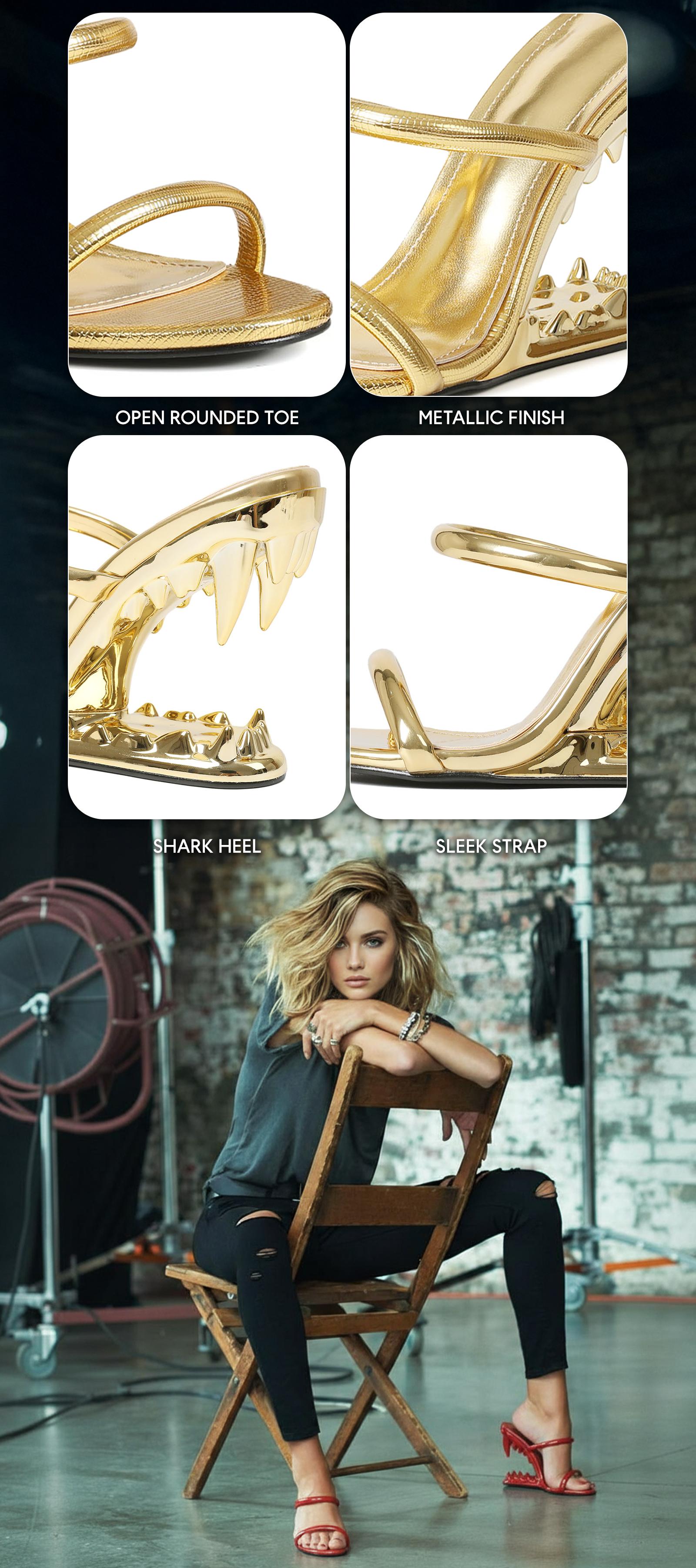 CYNLLIO Womens Morso Sandals Open Rounded Toe Wedge Heels Elegant Metallic Shark Heel Style Slip on Strappy Heeled Fashionable Tiger Teeth Flip Flops Thong Mule Hollow-Shaped Slide Sandal Dressy Party Clubbing Wedding Spring Catwalk Pumps