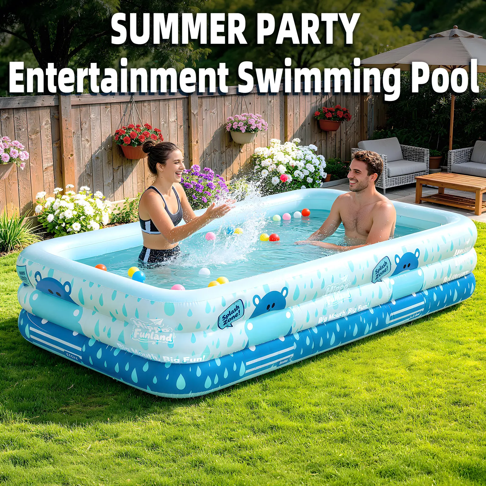 Rectangular Inflatable Swimming Pool for Adults and Family, 3-Tier Oversized Thick PVC Design, Leak-Proof for Backyard Summer Parties and Outdoor Water Fun, Pools For Backyard, Portable Pool, Large Inflatable Pool