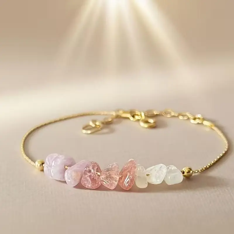 Menopause Support Crystal Bracelet with Lepidolite, Strawberry Quartz & Moonstone - Dainty Minimalist Jewelry with Irregular Chips for Women, Adjustable for Calming Mood Swings, Crystal Bracelets, Dainty Crystal Bracelet