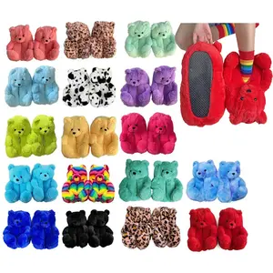 Women's winter plush and cute indoor home bear slippers, fluffy cartoon bedroom shoes, suitable for ladies, men, women, warm gifts, size US10-14
