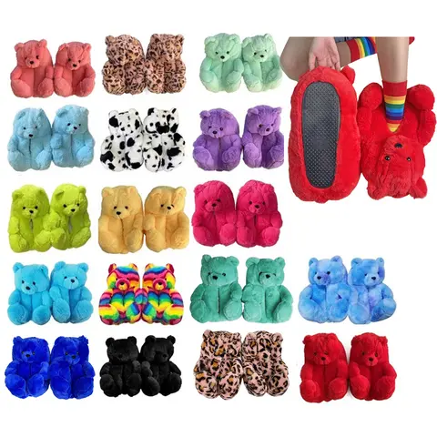 Women's winter plush and cute indoor home bear slippers, fluffy cartoon bedroom shoes, suitable for ladies, men, women, warm gifts, size US10-14