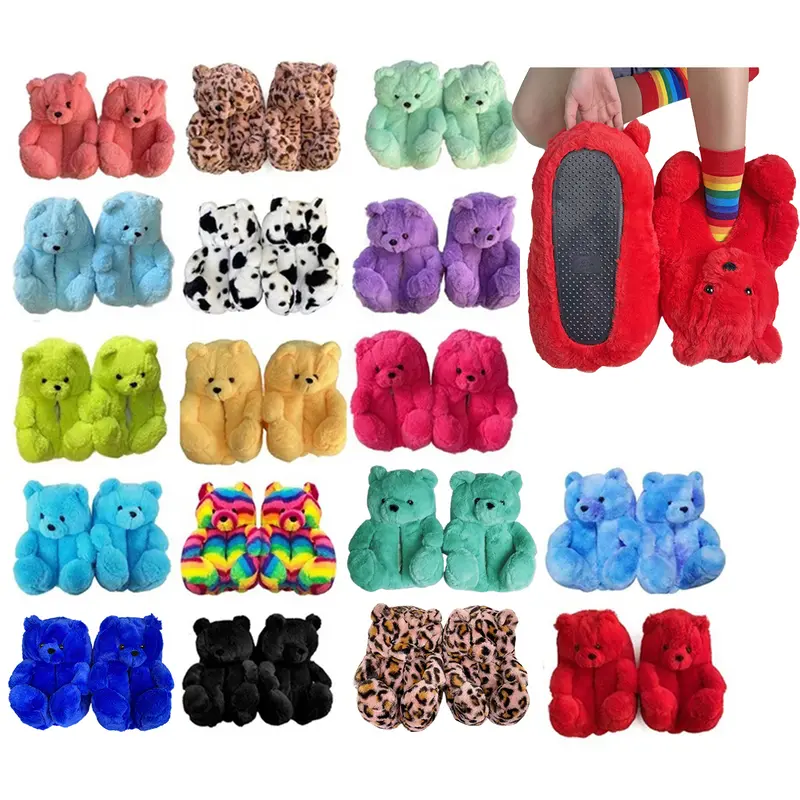 Women's winter plush and cute indoor home bear slippers, fluffy cartoon bedroom shoes, suitable for ladies, men, women, warm gifts, size US10-14