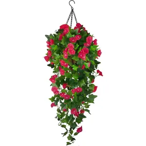 Outdoor Silk Flower Arrangement Artificial Fake Hanging Flowers Plants Basket for Spring Outdoor Outside Decoration, UV Resistant Faux Plastic Fabric Flower Morning Glory Wisteria Petunia for Garden Porch Patio Balcony Yard Decor