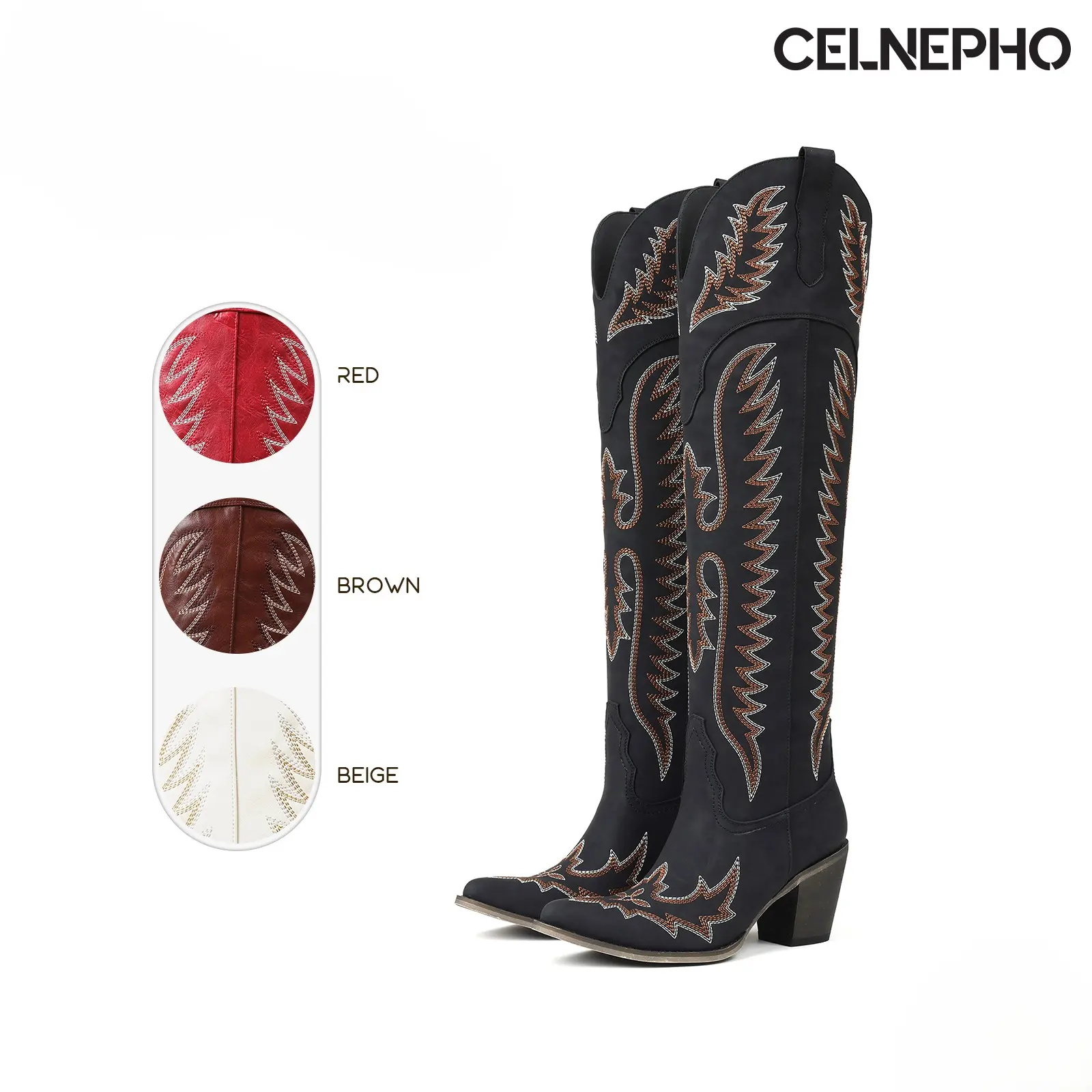 CELNEPHO Cowboy Boots for Women Pointed Toe Chunky Block Heel Western Over the Knee Boot Vintage Embroidered Side Zipper Comfy Easy Pull on Party Casual Riding Country Wedding Outdoor Festival Fall Fashion Classic Long Tall Trendy Dressy Cowgirl Shoes