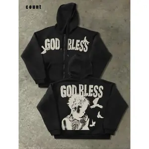 Angel Letter Print Hooded Unisex Cardigan, Loose Long Sleeve Zipper Jacket, Trendy Streetwear, Fashionable CasualGift