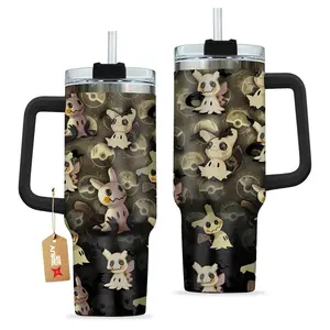 [PKM] Mimikyu Ghost Fairy 40oz Tumbler With Handle – Anime Gaming Stainless Steel Cup, Spooky Cartoon Graphic Tumbler, Double Wall Iced Coffee Cup, Cute Style Drinkware, Gift for Anime & Gaming Fans