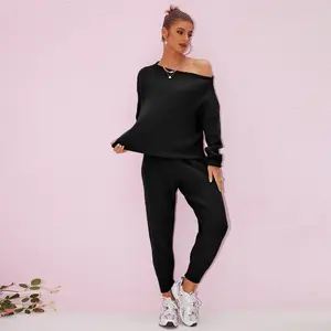 Joyfunear 2pc Set Top & Bottoms - Minimalist Crew Neck Long Sleeve Fitted Black Casual Basic Suits for Women