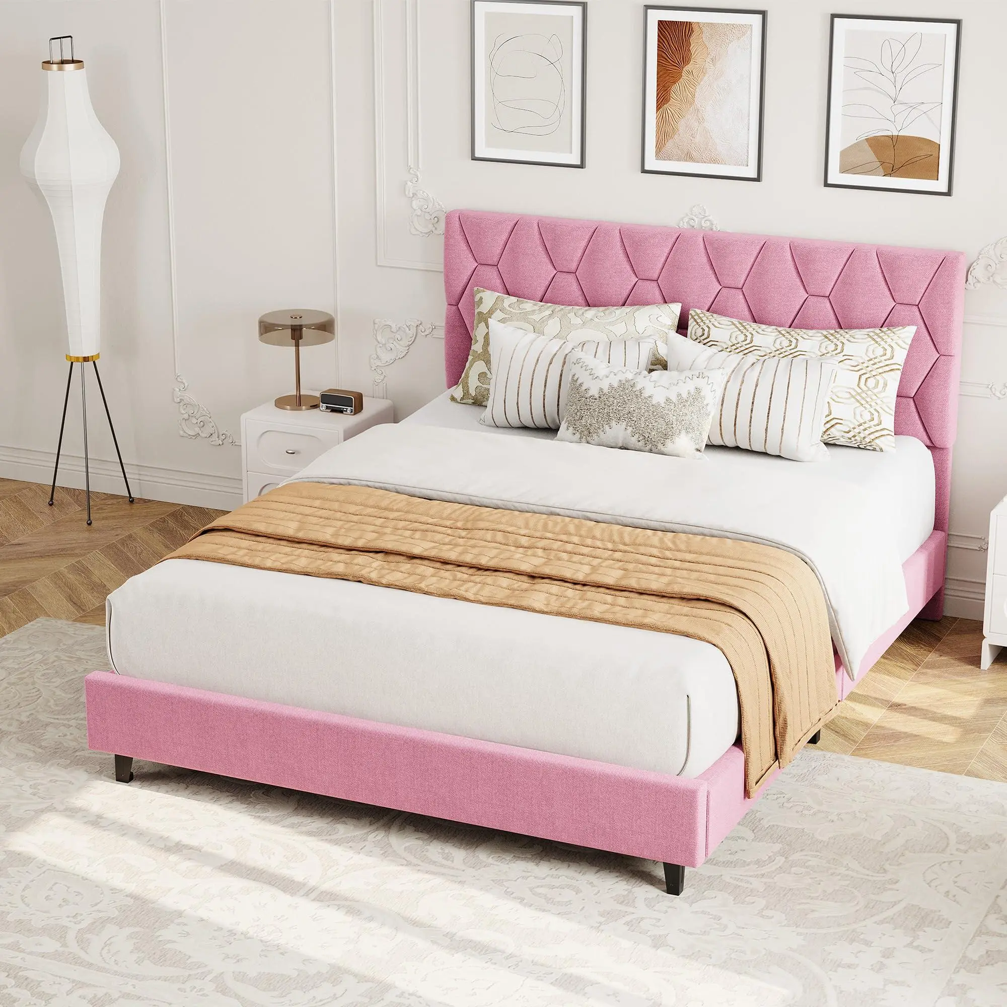 Platform Bed Frame with Adjustable Upholstered Headboard, Modern Bed Frame with Wooden Slats Support & Triangular Feet, Easy Assembly