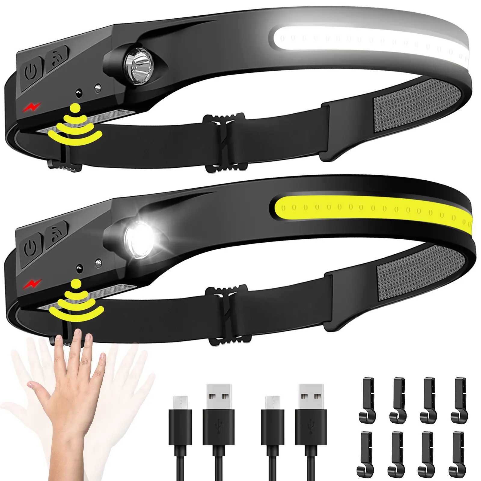 BIAT Rechargeable Headlamp (2PCS) - 230° Wide Beam LED with Motion Sensor, Adjustable Headband Fits Most Helmets, Waterproof Rain Use Flash Lights for Camping, Hiking, Work Accessories, Accessories Adults, Portable Flashlights, Led Waterproof Headlamps