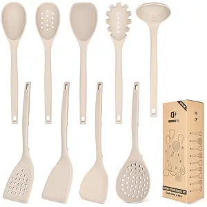 Silicone Cooking Utensils Set, 9 Pcs Heat Resistant Kitchen Utensils with Back Hooks, BPA Free Kitchen Tools with Spatulas, Spoons, Skimmer and Pasta Fork for Non Stick Cookware