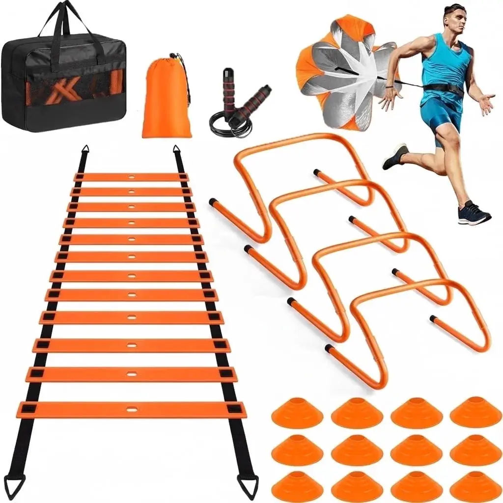 Agility Ladder Speed Training Set, 20ft Speed Ladder with 12 Cones, 4 Hurdles, Jump Rope & Running Parachute, Complete Agility Equipment for Soccer, Football, Kids, Adults Fitness, Footwork & Coordination Drills