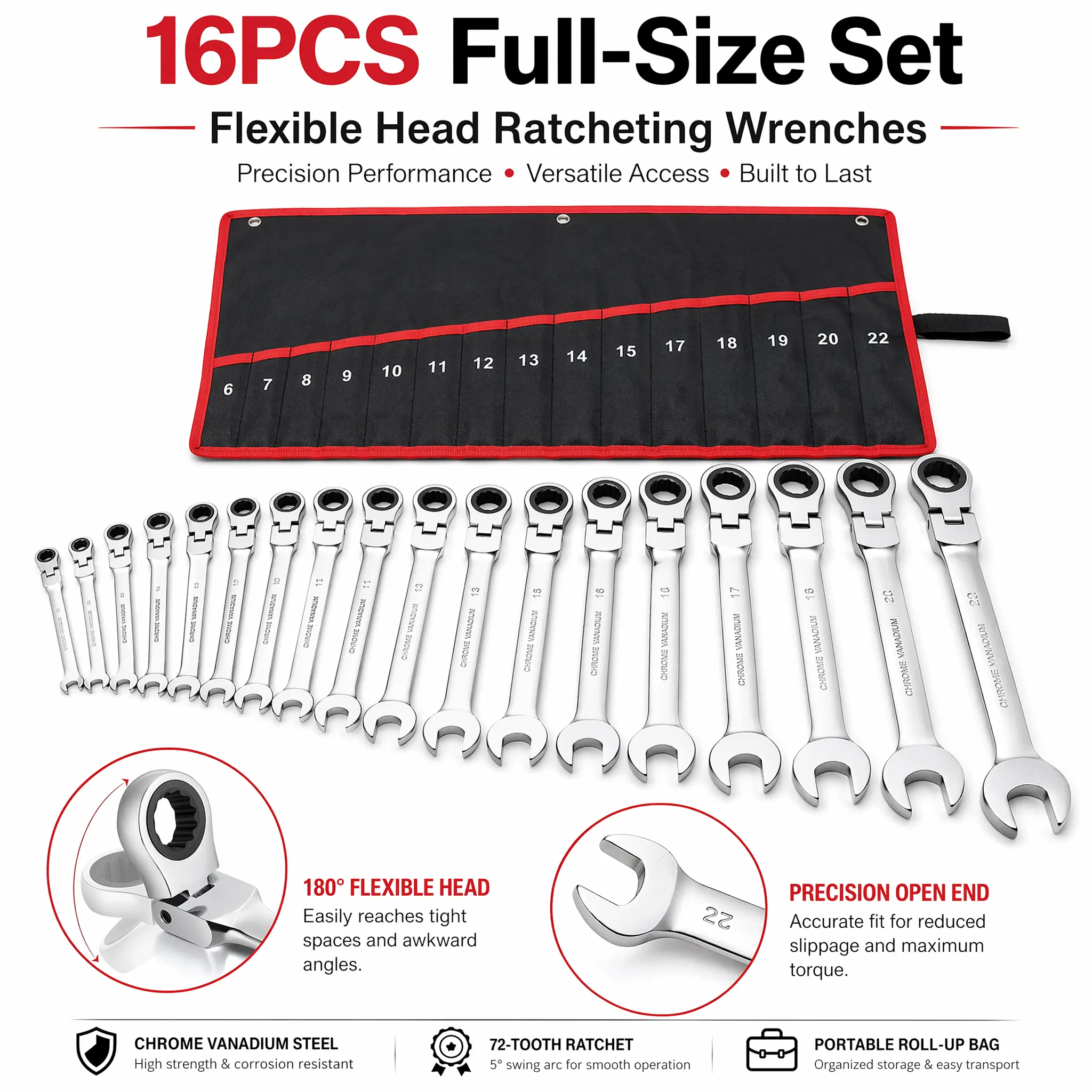 72-Tooth Ratchet Wrench Set, 16PCS Full-Size Metric & Imperial, 6-24mm & 1/4"-15/16", Extended Design, Chrome-Vanadium Steel, Rolling Storage Bag, Mechanic Tool Kit