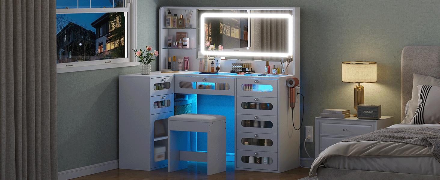Oak-colored vanity table with mirror light fixture, three color modes, dual RGB drawers, large-capacity tempered glass cabinet body, power outlet, adjustable lighting, ample storage space, built-in charging station