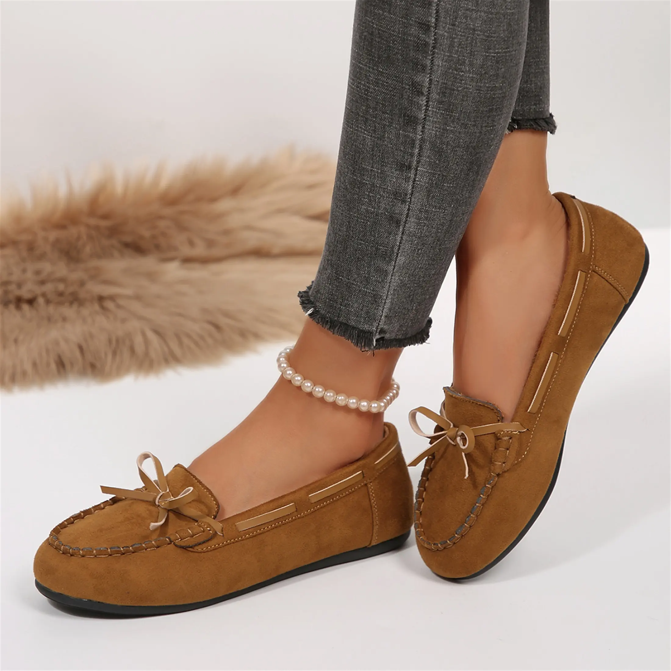 Womens Soft Suede Plush Lined Bow Flat Fashion House Slippers Indoor Outdoor Shoes