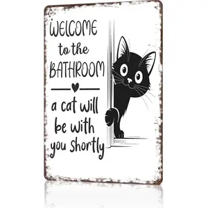 Vintage Cat Bathroom Sign, Funny Metal Wall Art "A Cat Will Be With You Shortly", 8x12 Inch Tin Poster for Bathroom Home Dorm Decor (Humor, Housewarming, Gift for Cat Lovers)