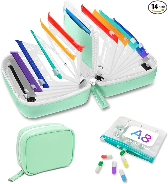 14-Pouch Travel Pill Organizer Travel Set with Portable Zipper Case, Color-Coded Labeled Medication Storage Bags for 7-14 Day Use, Waterproof Reusable Holder for Vitamins, Supplements, Fish Oil