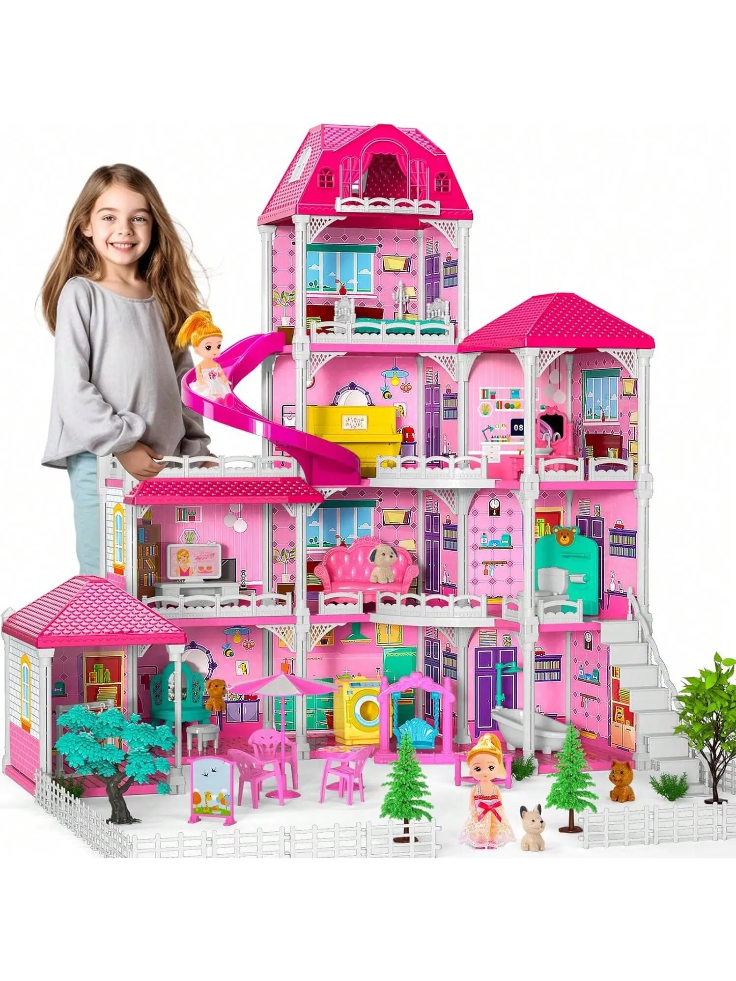 Doll House Playset - 10-Room, 2 Princess Figures, Slide Accessory, Kids' Gift