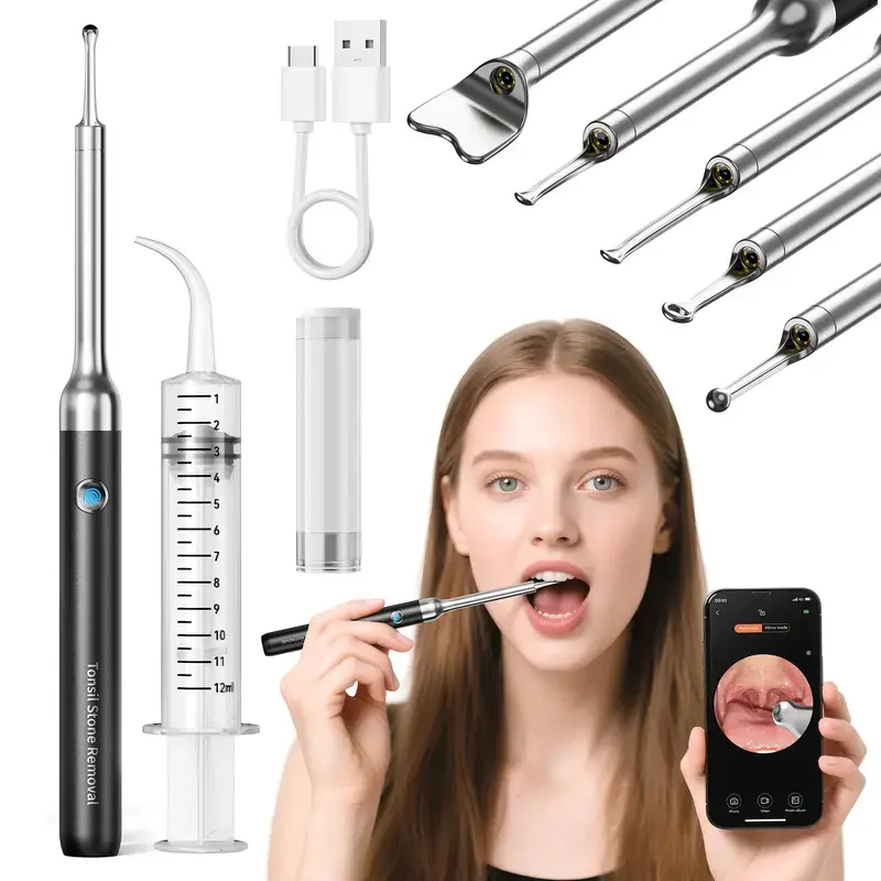 Tonsil Stone Remover Kit with 1080P HD Camera for Precision Smile Care - WiFi Oral Scope with 6 Adjustable LED Lights, 5 Attachments & 60-Min Runtime for iOS/Android, Water Proof, Usb Cable, Wifi Connectivity, Oral Care, 6 Adjustable Leds, Precision Visio