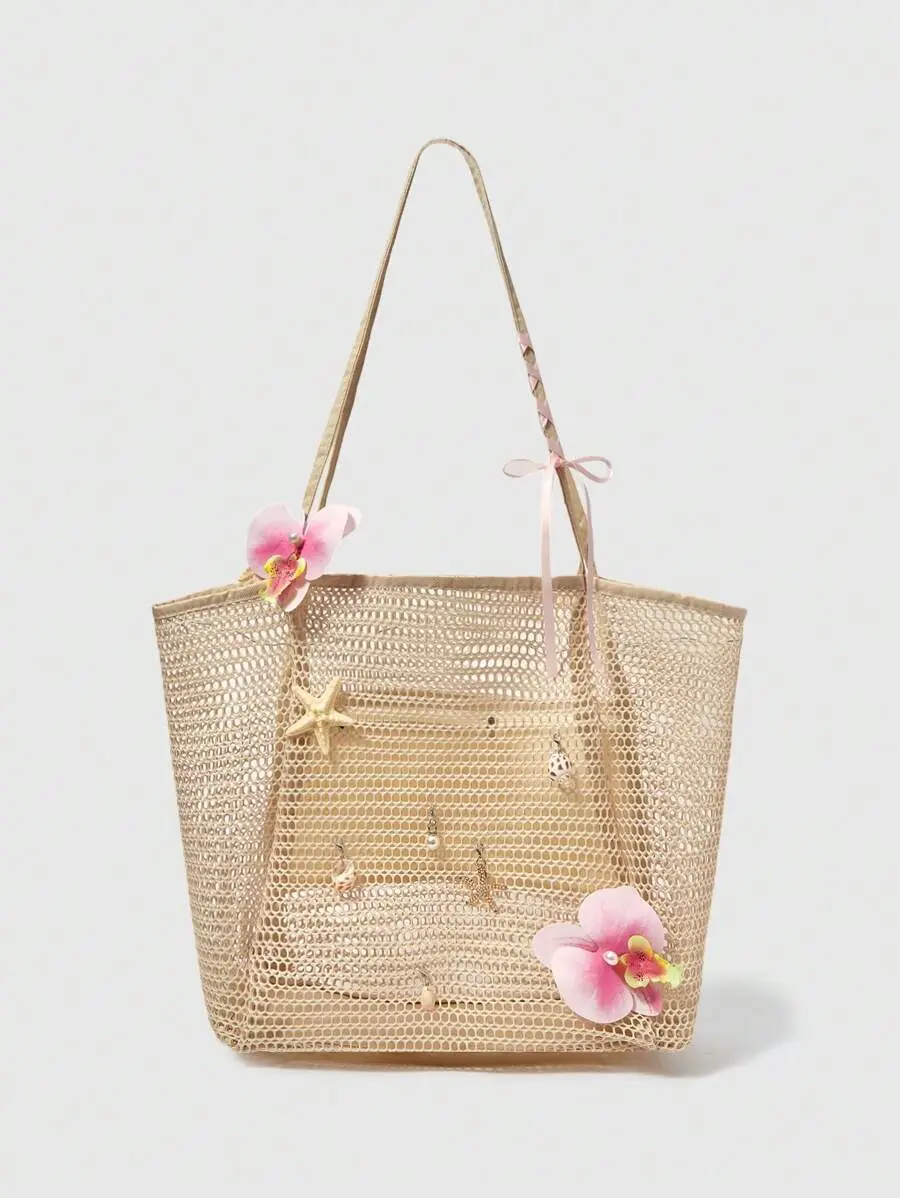 Fairycore 1pc Handmade Woven Tote Bag With Artificial Orchid, Lily Decor, Large Capacity Shoulder Bag, Suitable For Summer Vacation & Beach (Accessories Need To Be DIY Assembled) , Beach Bag