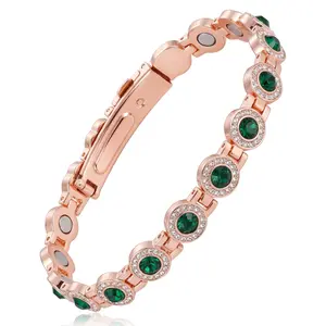 Nandudu Women's Copper Magnetic Bracelet - Rose Gold Adjustable Bangle with Emerald Green Artificial Crystal, Beautiful Bracelets for Elegant Dainty Jewelry