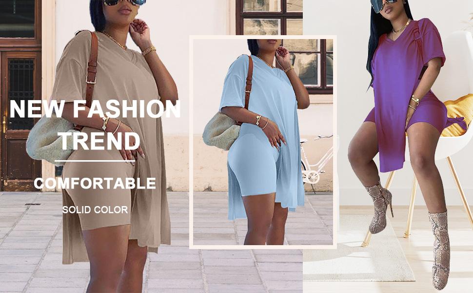 Womens 2 Piece Lounge SetsT-Shirts Topsas Biker Shorts Set Workout Reversible T racksuit S-3XL Womenswear Minimalist Shortsleeve Summer Two-Piece Set 2026  Casual Oversized Shirts Biker Shorts Matching Airport Travel Outfit Split Hem Lounge#springto