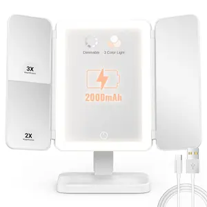 Makeup Mirror with Lights, Trifold 2x/3x/10x Magnifying Mirror with Light, Rechargeable 3 Color Lights and Adjustable Brightness, 360° Rotation Detachable