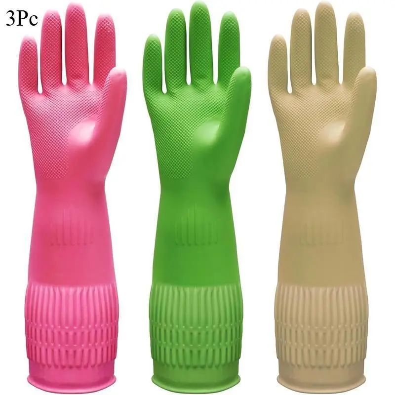 X-Large 3-Pair Household Cleaning Gloves Set - 15 In Heavy-Duty Waterproof Rubber, Textured Grip, Comfortable for Daily Arm Protection, Three Pairs