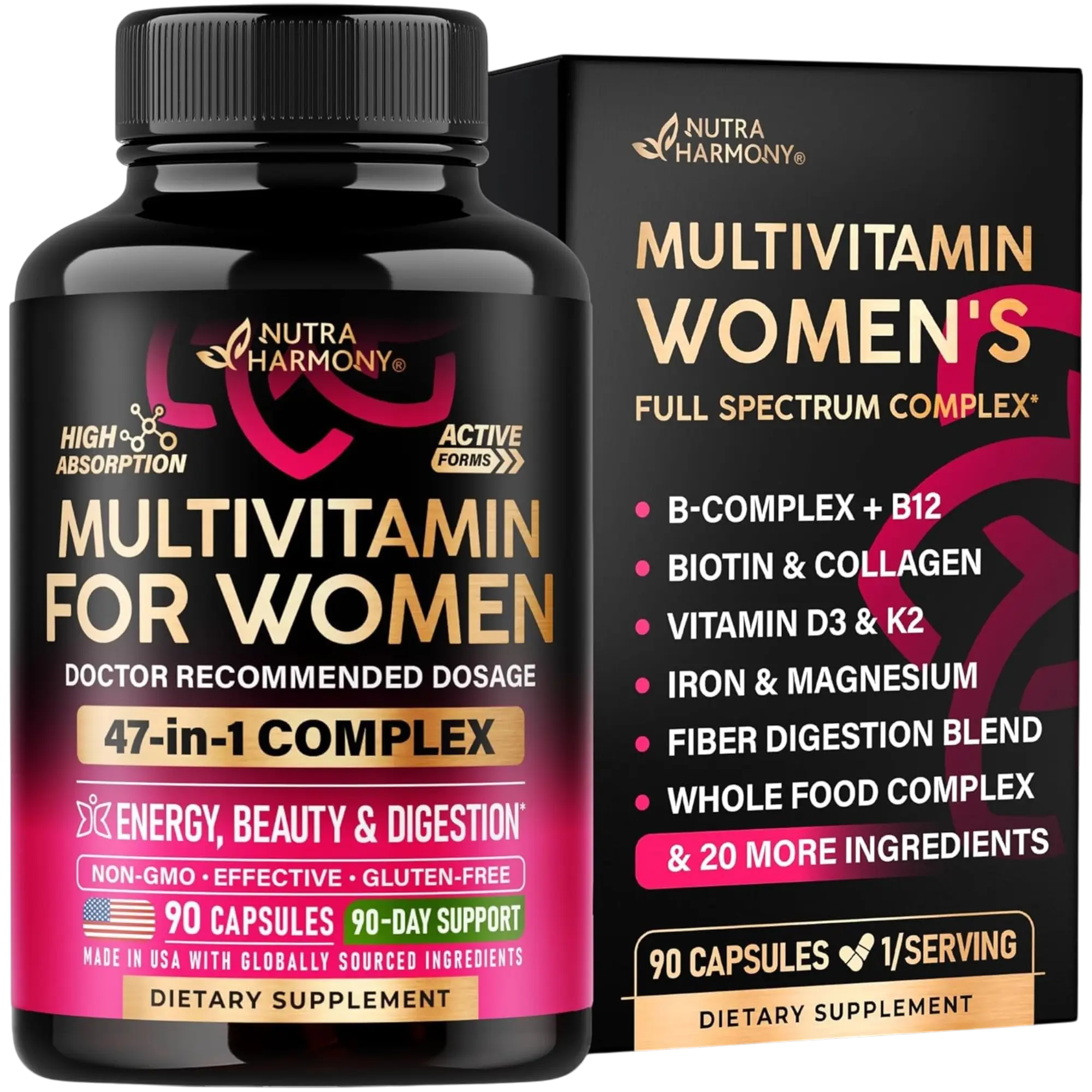 47-in-1 Multivitamin Complex for Women: B-Complex, Whole Foods, Hair Growth Support, Digestion & Metabolism, Iron. Vegan, Bioavailable & Gentle on Stomach. Made in USA. 90 Capsules