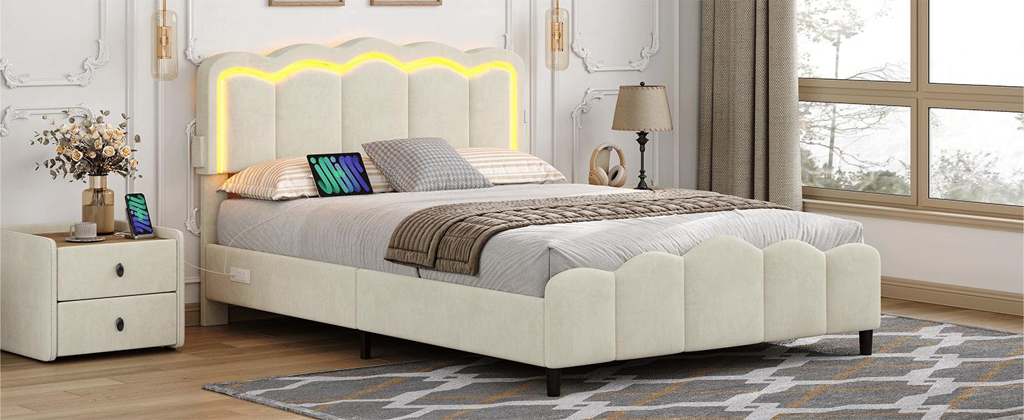 Complete Upholstered Bed Frame with Adjustable Headboard, Chic Double Wavy Design, Velvet Finish, Platform Bed with USB Charging Station, LED Lighting, No Box Spring Required, Pink