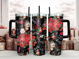 Selena Quintanilla Queen of Tejano 40oz Tumbler with Handle | Como La Flor Rose Collage Travel Mug with Straw | Premium Insulated Fan Merch Gift