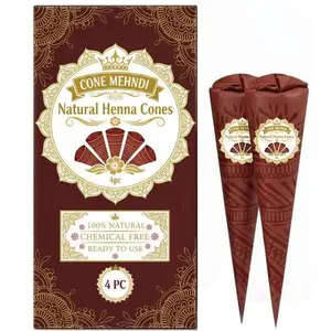 100% Natural 4 Henna Mehndi Cones – Reddish Brown - Ready-to-Use , Chemical-Free, Pre-Mixed for Smooth Application, Pack of 3 – All Types, Conditioning & Glossy Finish Cone Hair Mehndi
