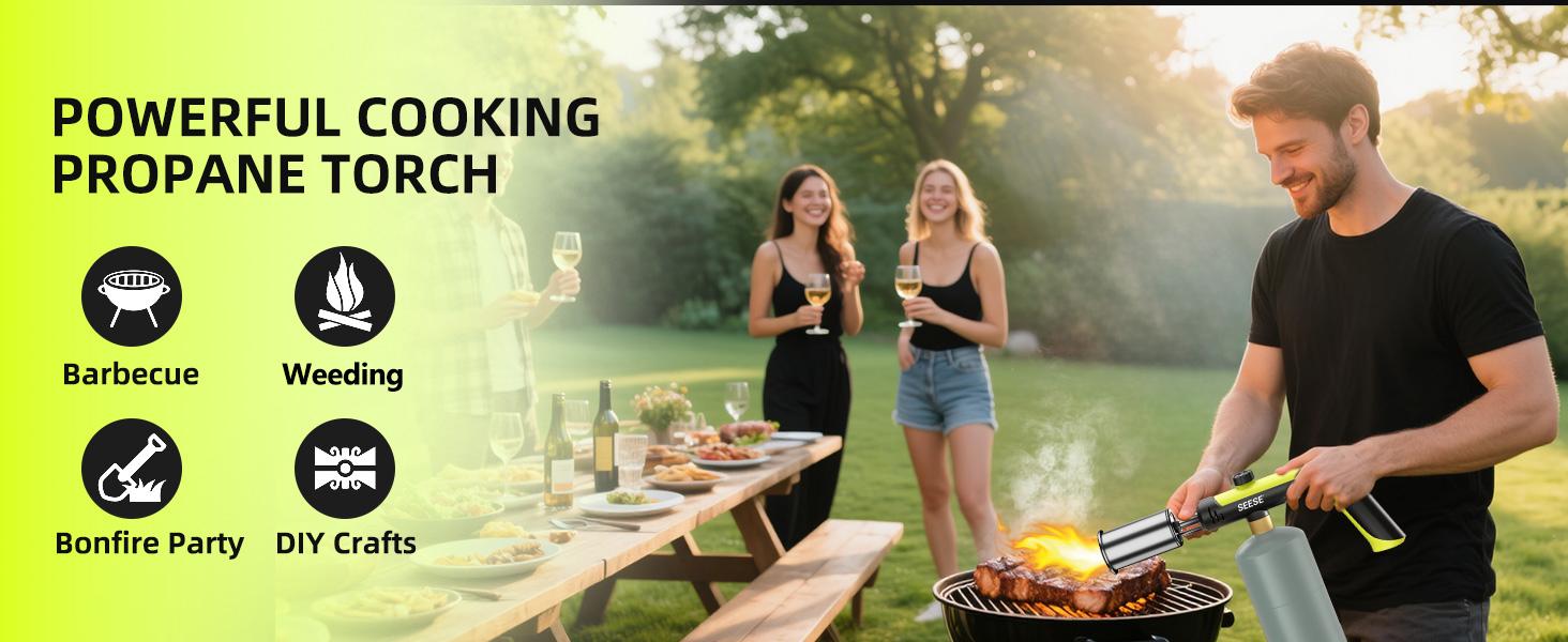 【FathersDayGift】SEESE Powerful Propane Torch(Propane Tank Not Included),With One-Touch Max Fire Button and Safety Lock, Adjustable Blow Torch for Sous Vide Searing Steak, BBQ,Fireplace,Charcoal Wood