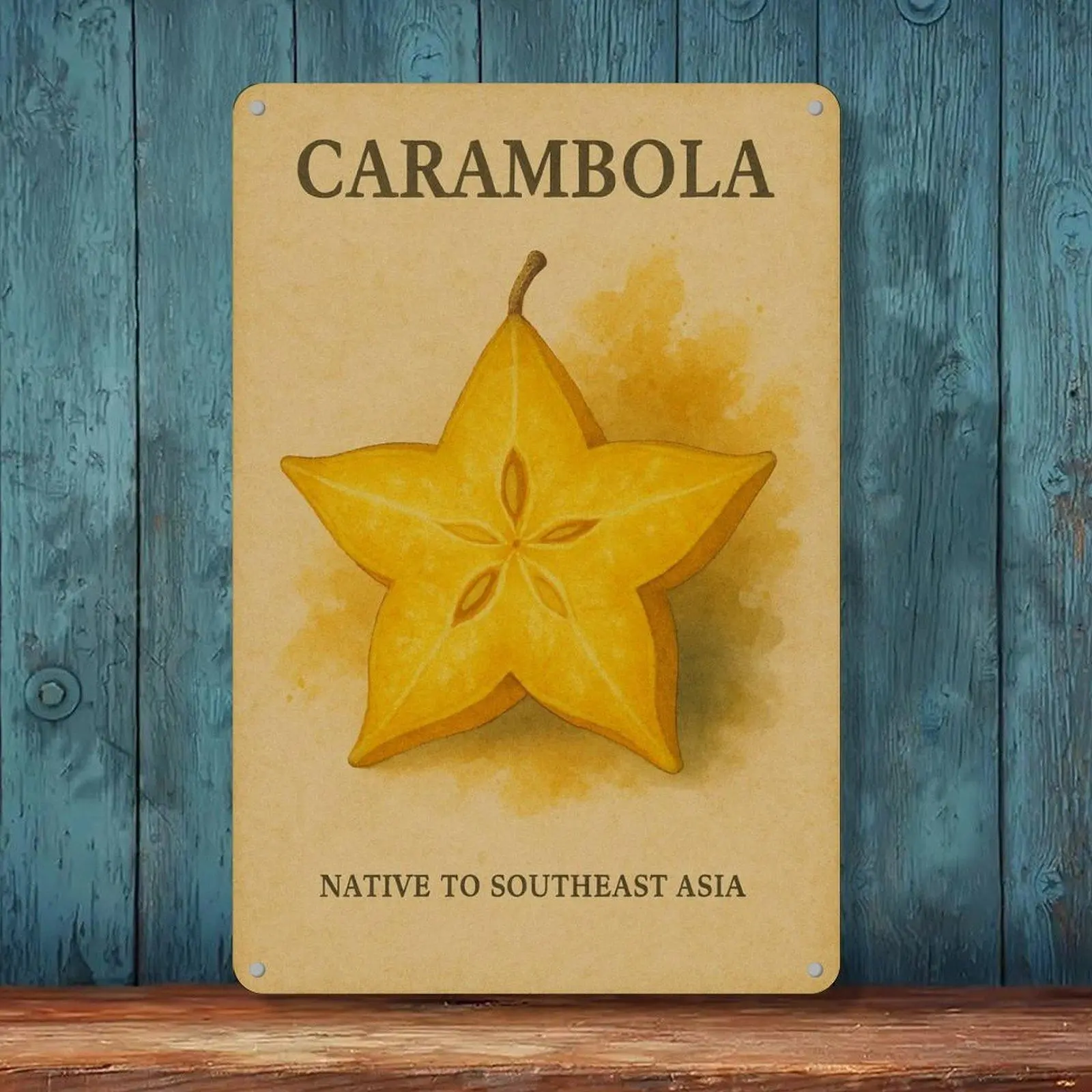 8x12in Retro Iron Carambola Star Fruit Watercolor Botanical Tin Sign, Farmhouse Kitchen Fruit Wall Decor Plaque