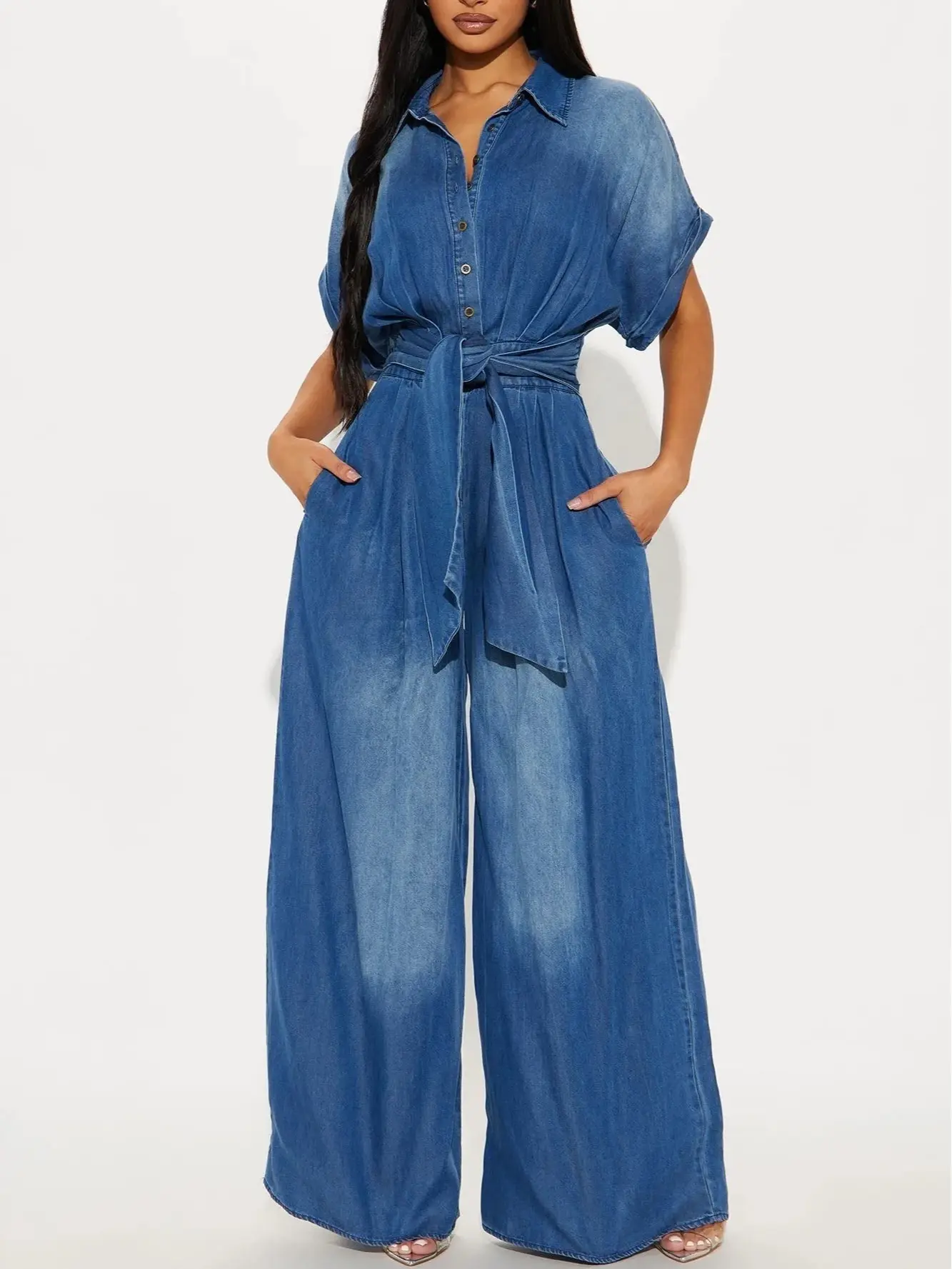 Midiross Casual Bat Sleeve Tie-Waist Tencel Denim Wide-Leg Jumpsuit