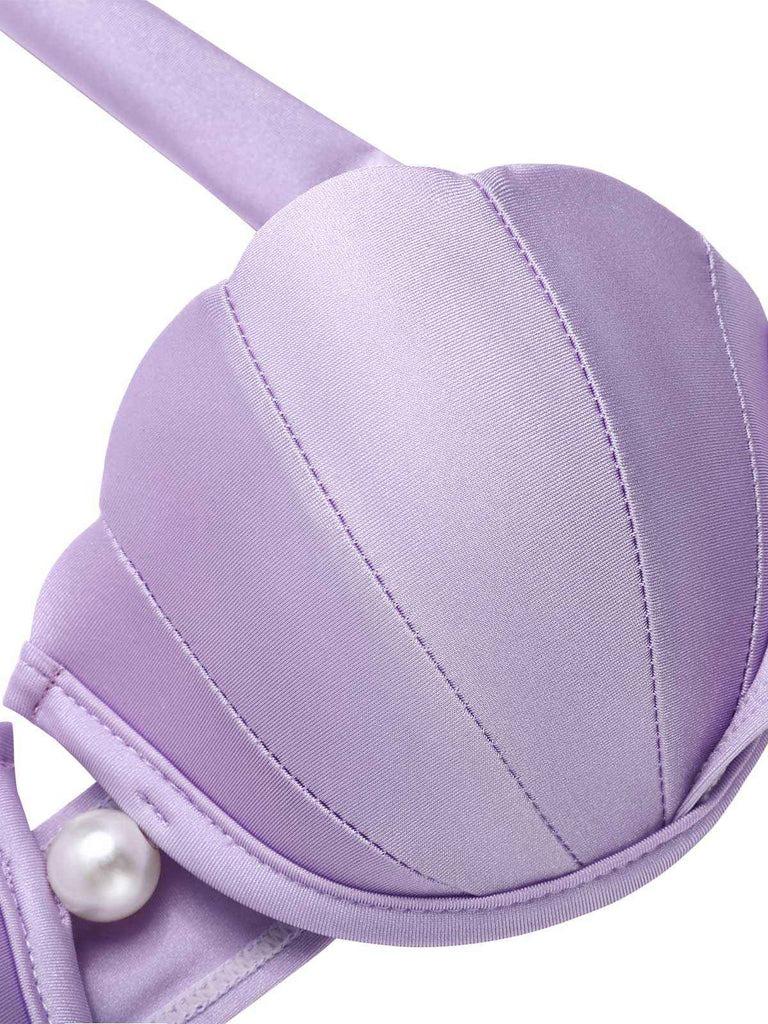 LAVENDER 1970S MERMAID SHELL HALTER BIKINI SET Ruched Swim Suits High Stretch Underwire Non-removable Pad Women's Swimsuit